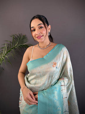 Sky Blue Kanjivaram Silk Digital Print Saree