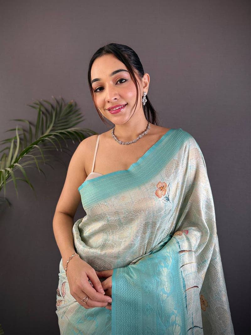 Sky Blue Kanjivaram Silk Digital Print Saree
