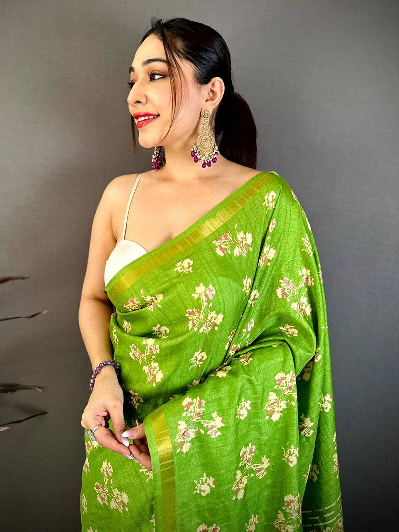 Green Tussar Ghicha Batik Floral Print Saree