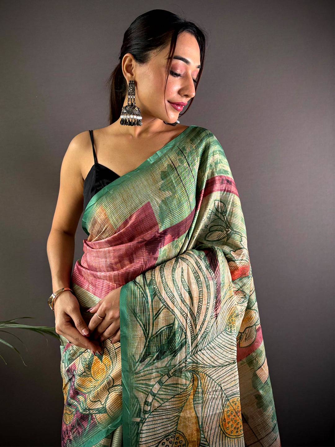 Steel Blue Tussar Silk Lush Botanical Prints Saree