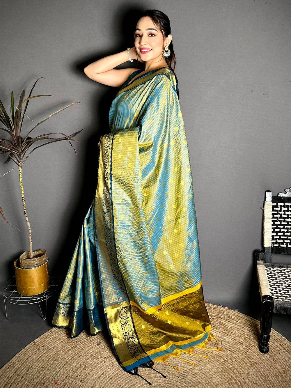 Radiance Self Gold Zari Chex Chitpallu Saree