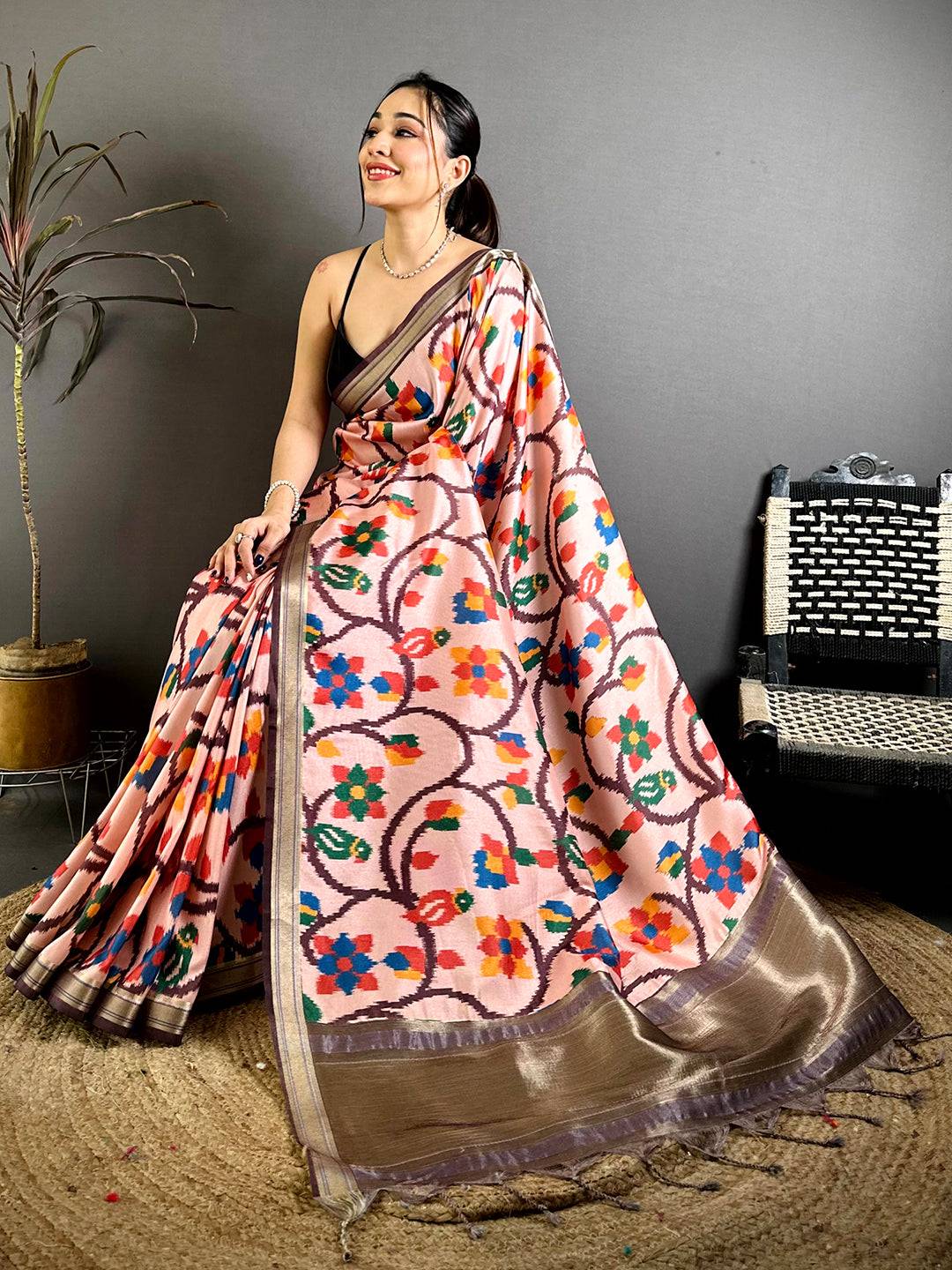 Traditional Gold Lakda Patta Kalamkari Saree