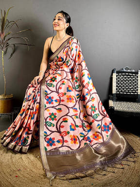 Traditional Gold Lakda Patta Kalamkari Saree