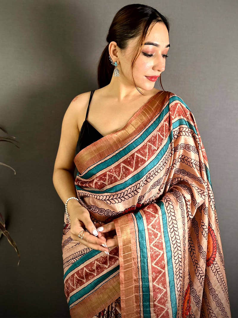 Celebrity Ghicha Tussar Pen Kalamkari Saree