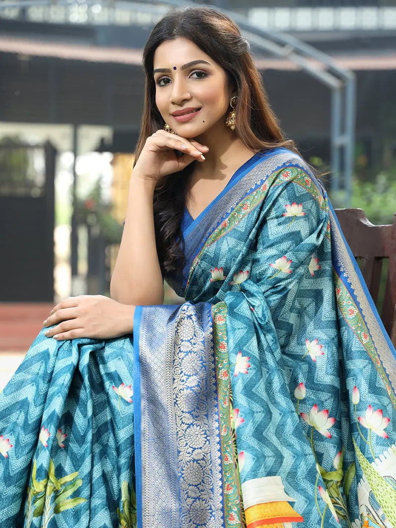  Blue Viscose Dola Silk Saree With Pichwai Kalamkari Print