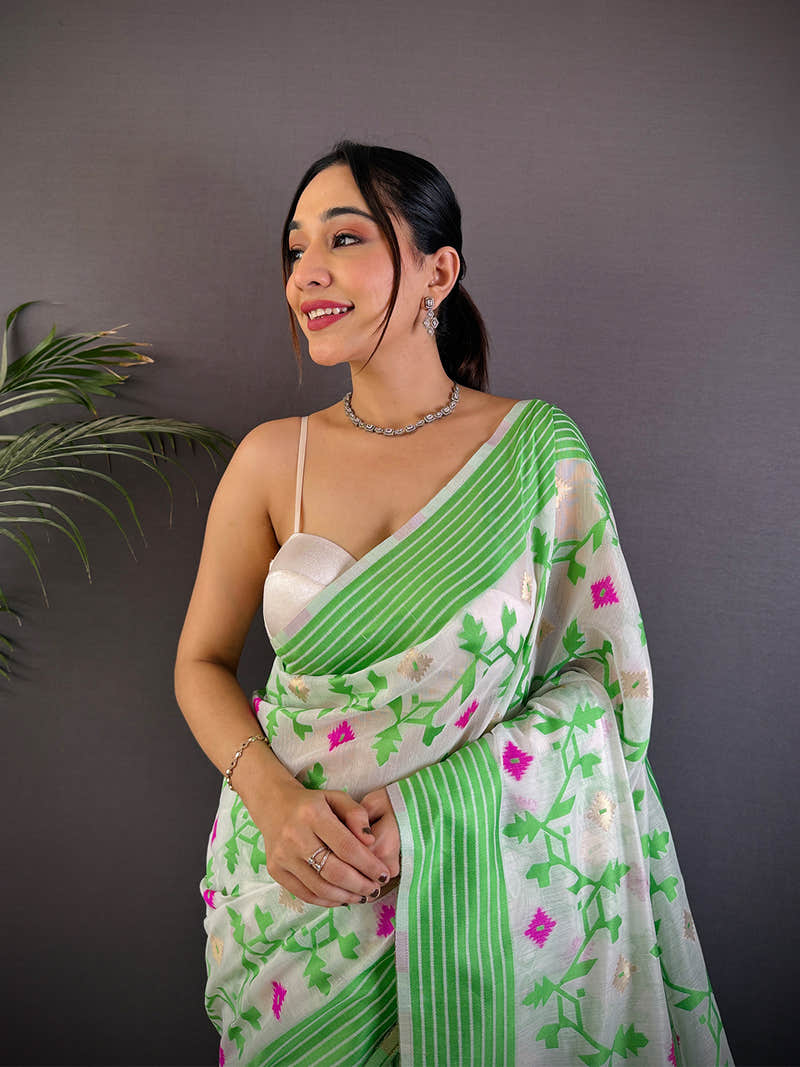 White Soft Dhakai Jamdani Silk Saree
