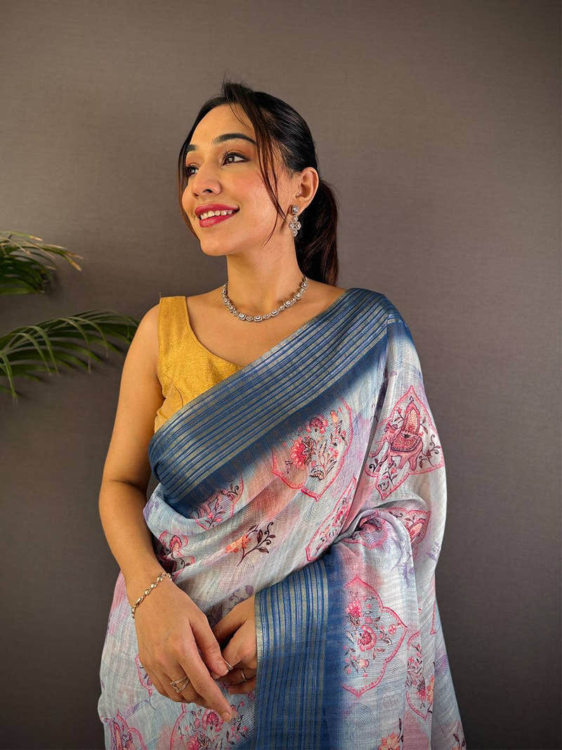 Pastel Blue Linen Digital Printed Saree