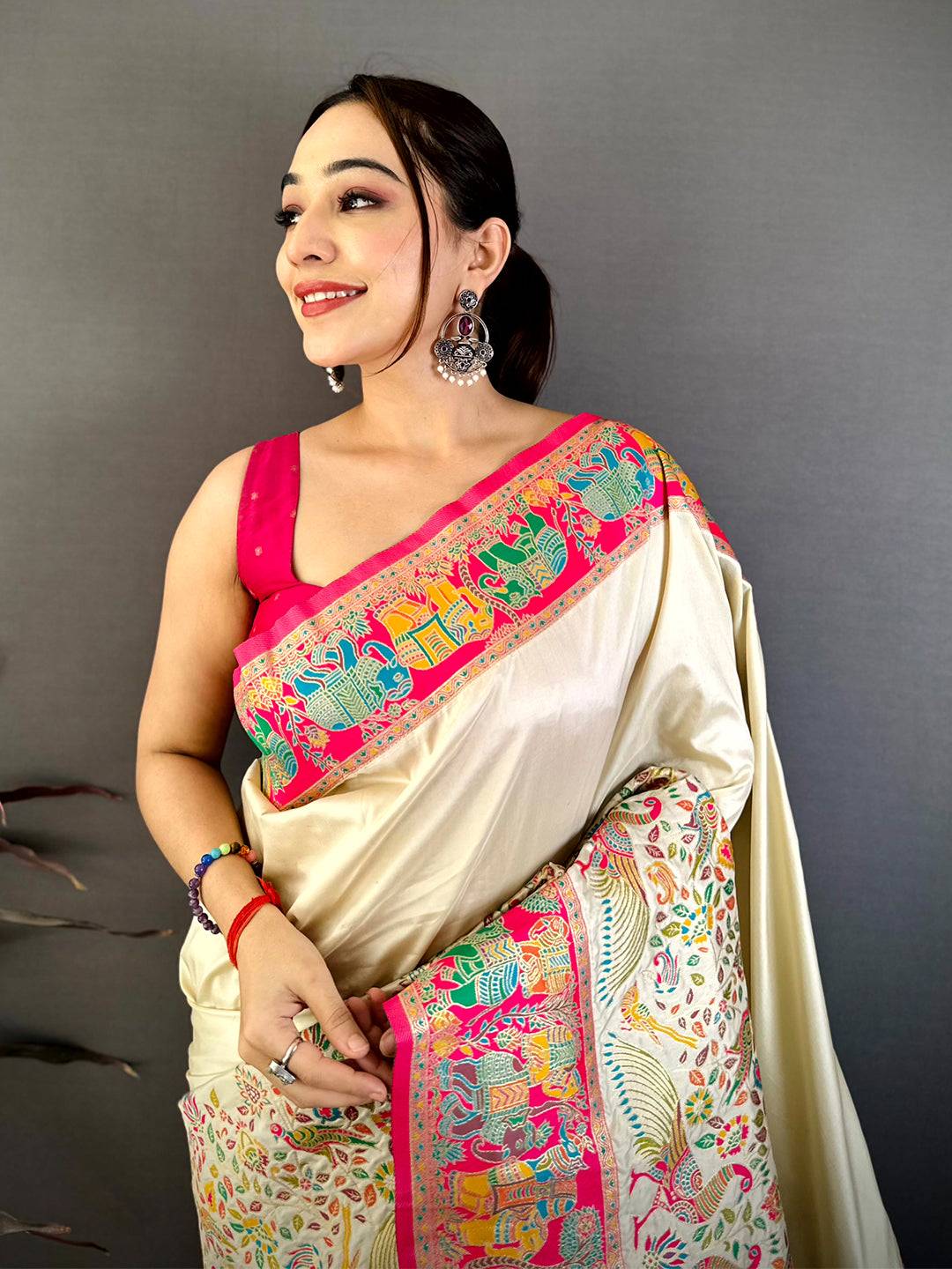 White Pashmina Weave Semi Silk Saree