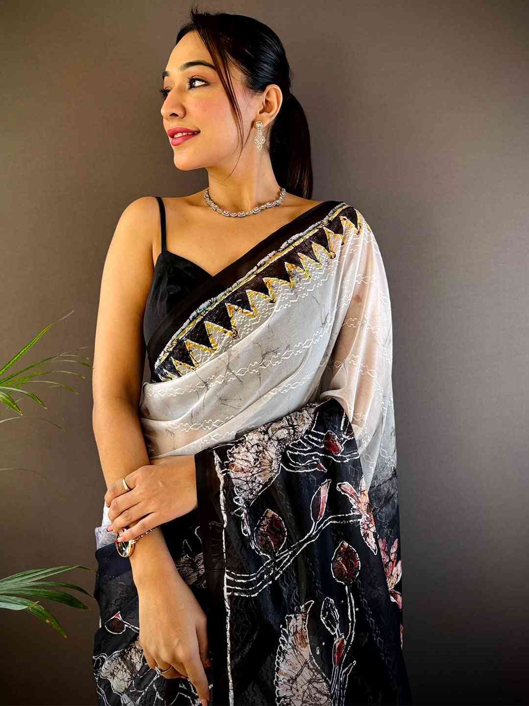 White Georgette Batik Printed Saree