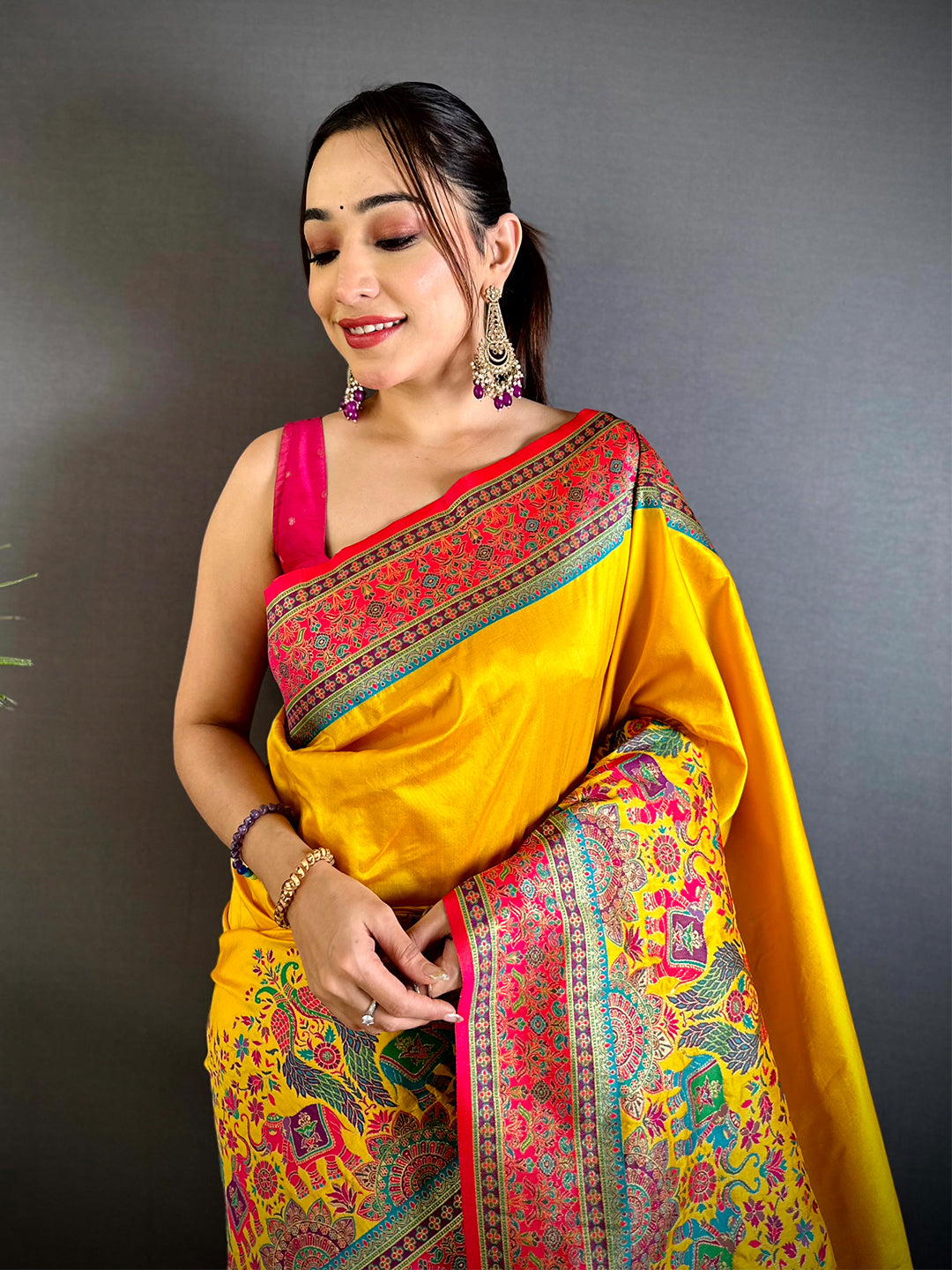 Yellow Kashmiri Art Soft Silk Saree