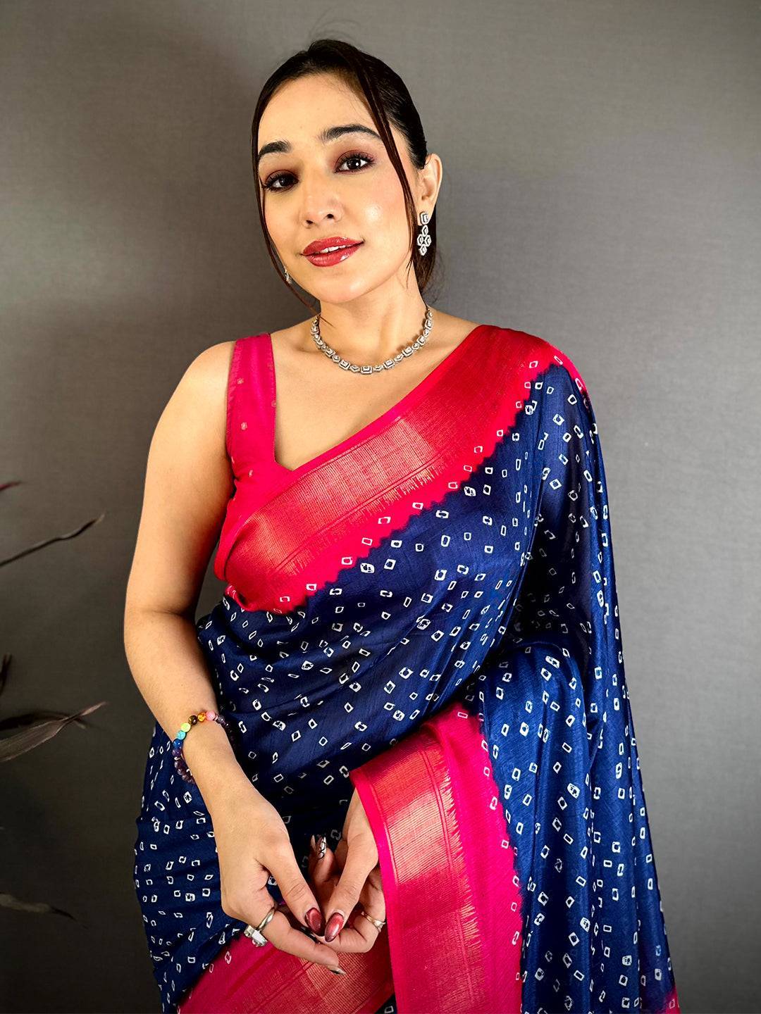 Navy Bandhej Fusion Dola Print Saree