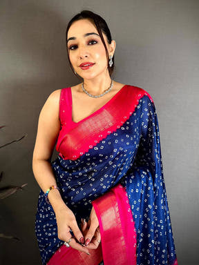 Navy Bandhej Fusion Dola Print Saree