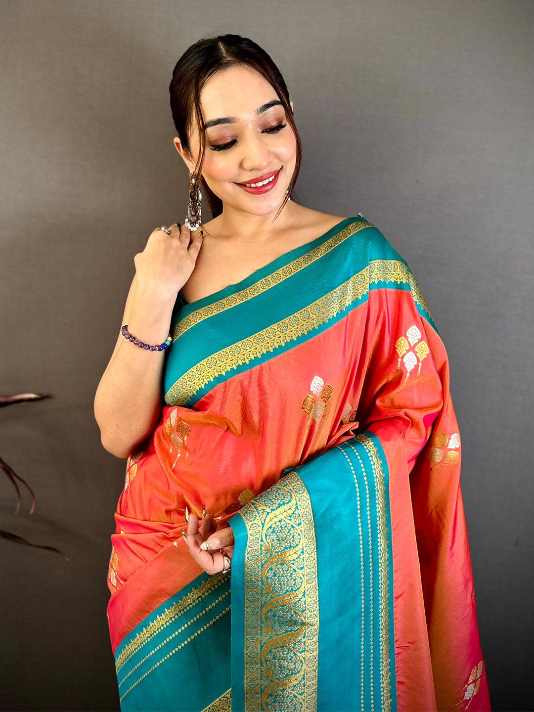 Coral Soft Silk Kanchi Gadwal Saree