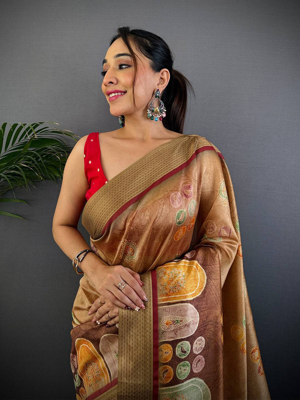 Light Brown Tussar Silk Kalamkari Print Saree