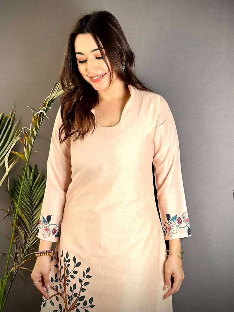 Kalamkari Keyhole Collar Neck Mul Kurti