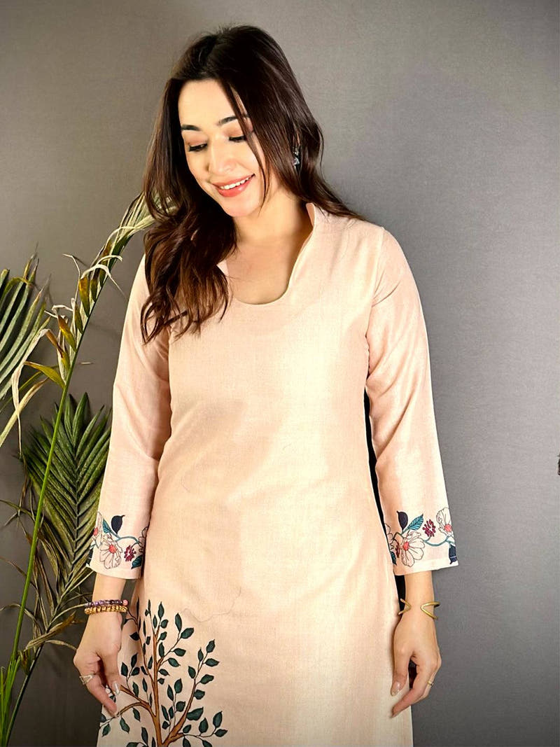 Kalamkari Keyhole Collar Neck Mul Kurti