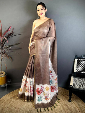 Brown Floral Ikat Linen Chanderi Saree
