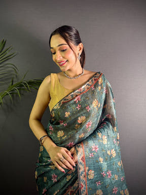 Bottle Green Linen Juth Digital Print Saree