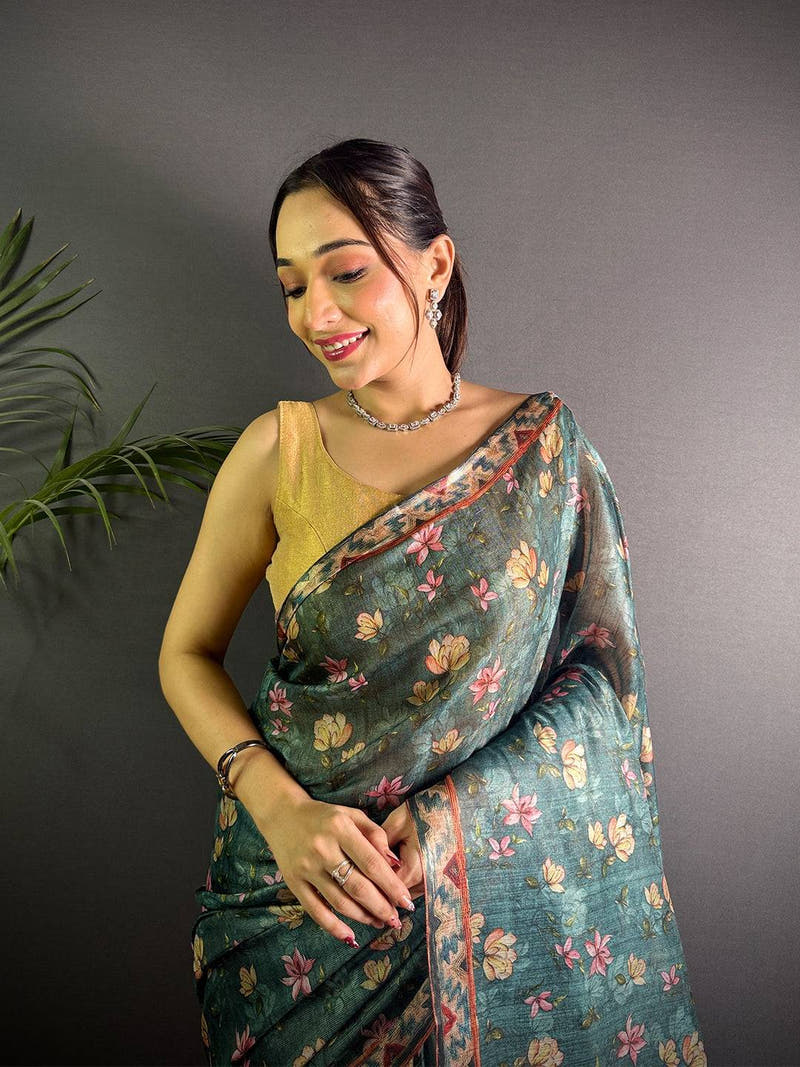Bottle Green Linen Juth Digital Print Saree