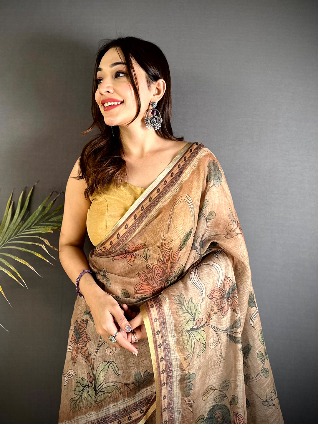 Stylish Dark Floral Linen Saree