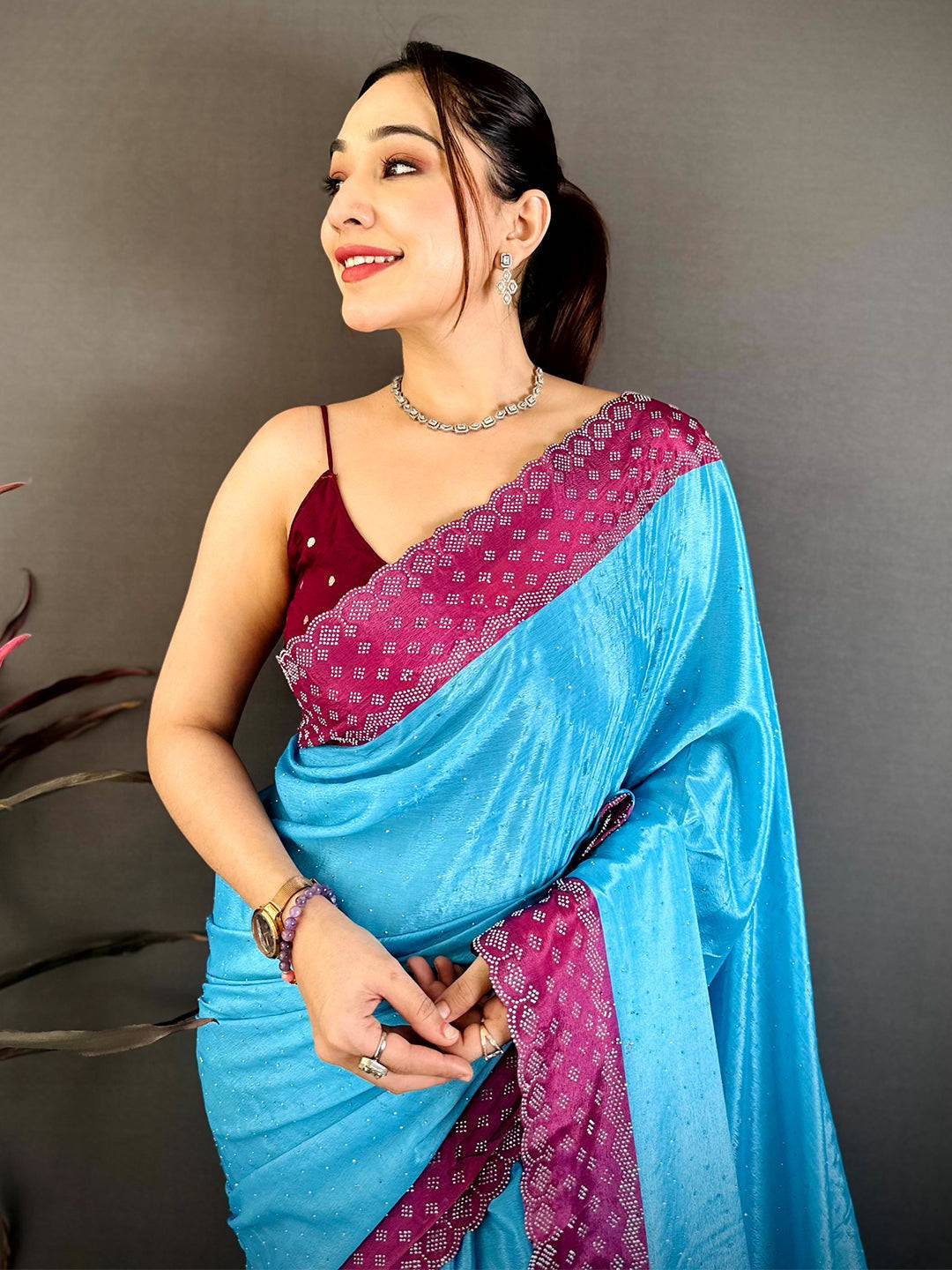 Sky Poly Chiffon Diamond Stone Work Saree
