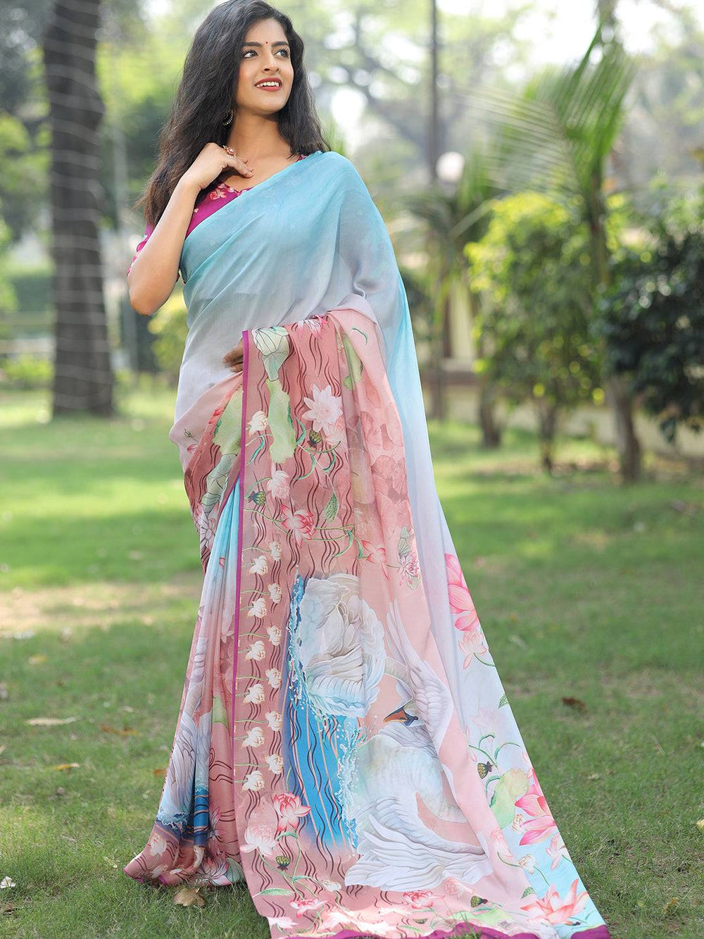 Latest Satin Georgette Sky Blue Colour Hand Print Saree