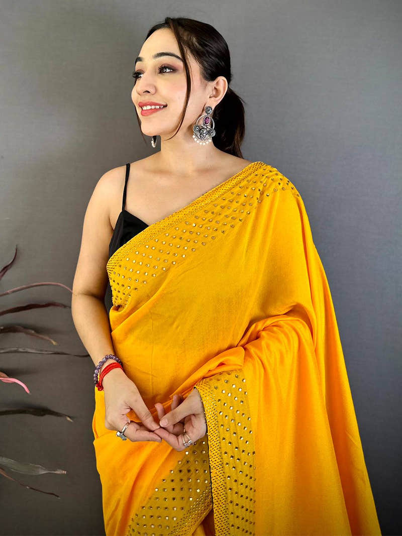 Yellow Vichitra Silk Mirror Work Saree