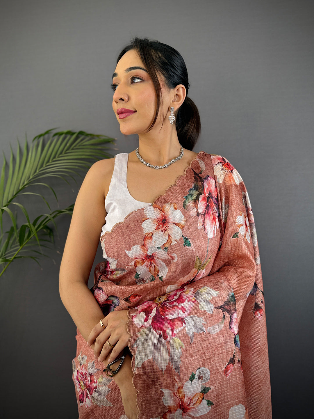 Peach Kota Doriya Floral Cut Work Saree