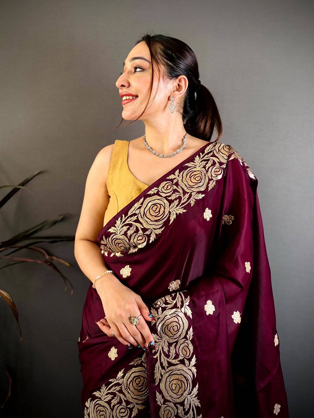 Wine Aari Jhalar Tussar Satin Saree