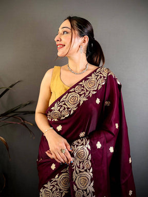 Wine Aari Jhalar Tussar Satin Saree
