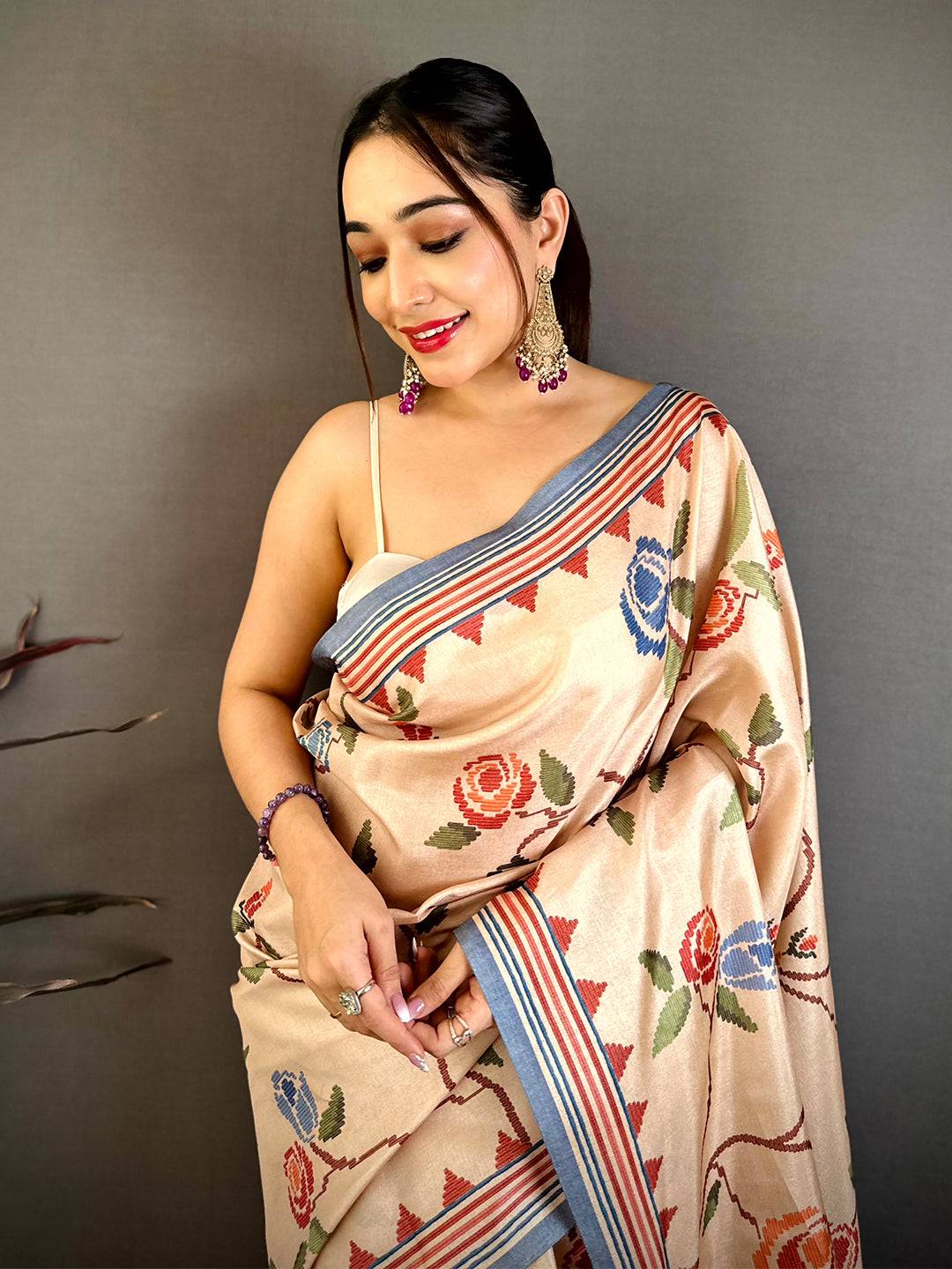 Classic 3D Embroidered Print Tussar Saree