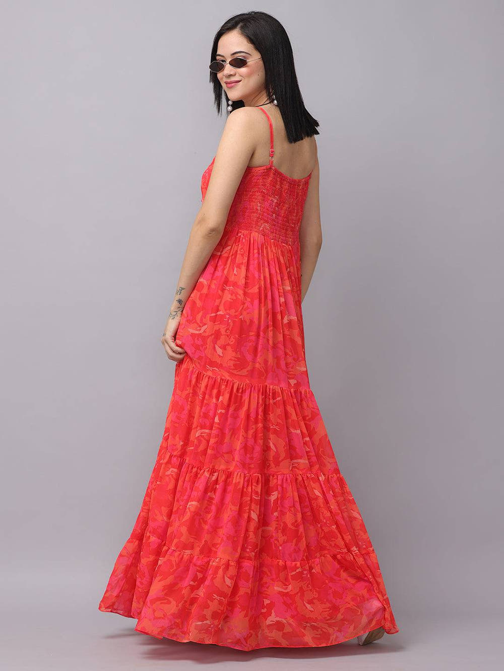 Radiant red floral ruched maxi dress back pose