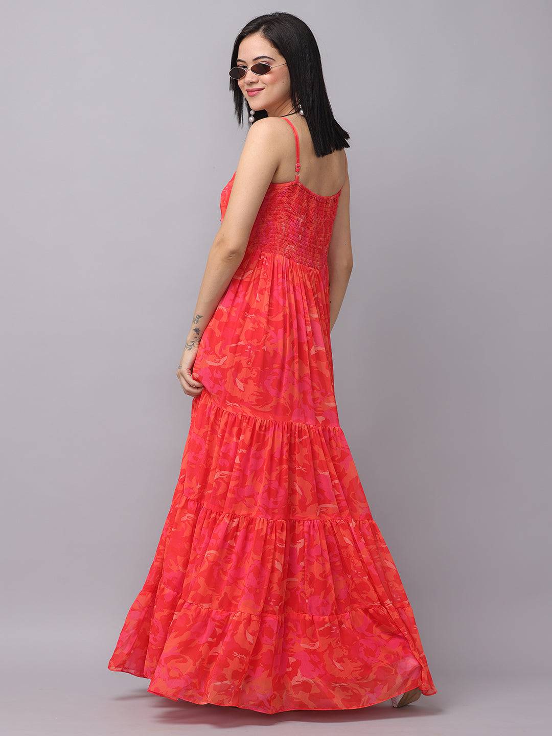 Radiant red floral ruched maxi dress back pose