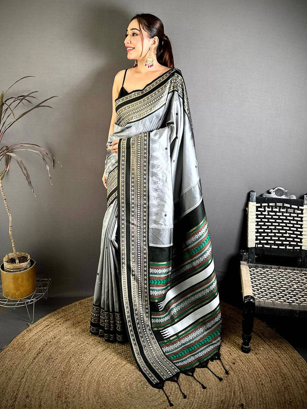 Grey Soft Silk Bomkai Zari Rich Pallu Saree