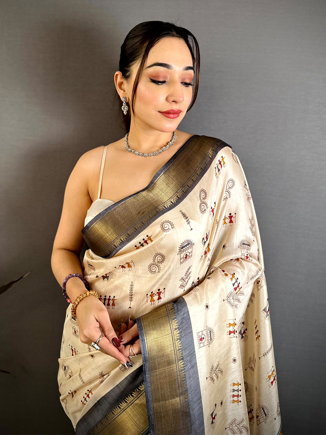 Black Soft Dola Silk Warli Print Saree
