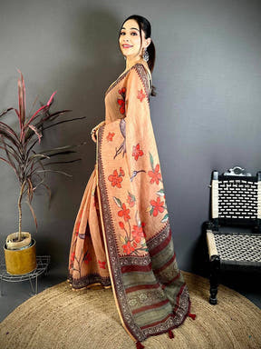Radiance Linen Floral Kalamkari Saree