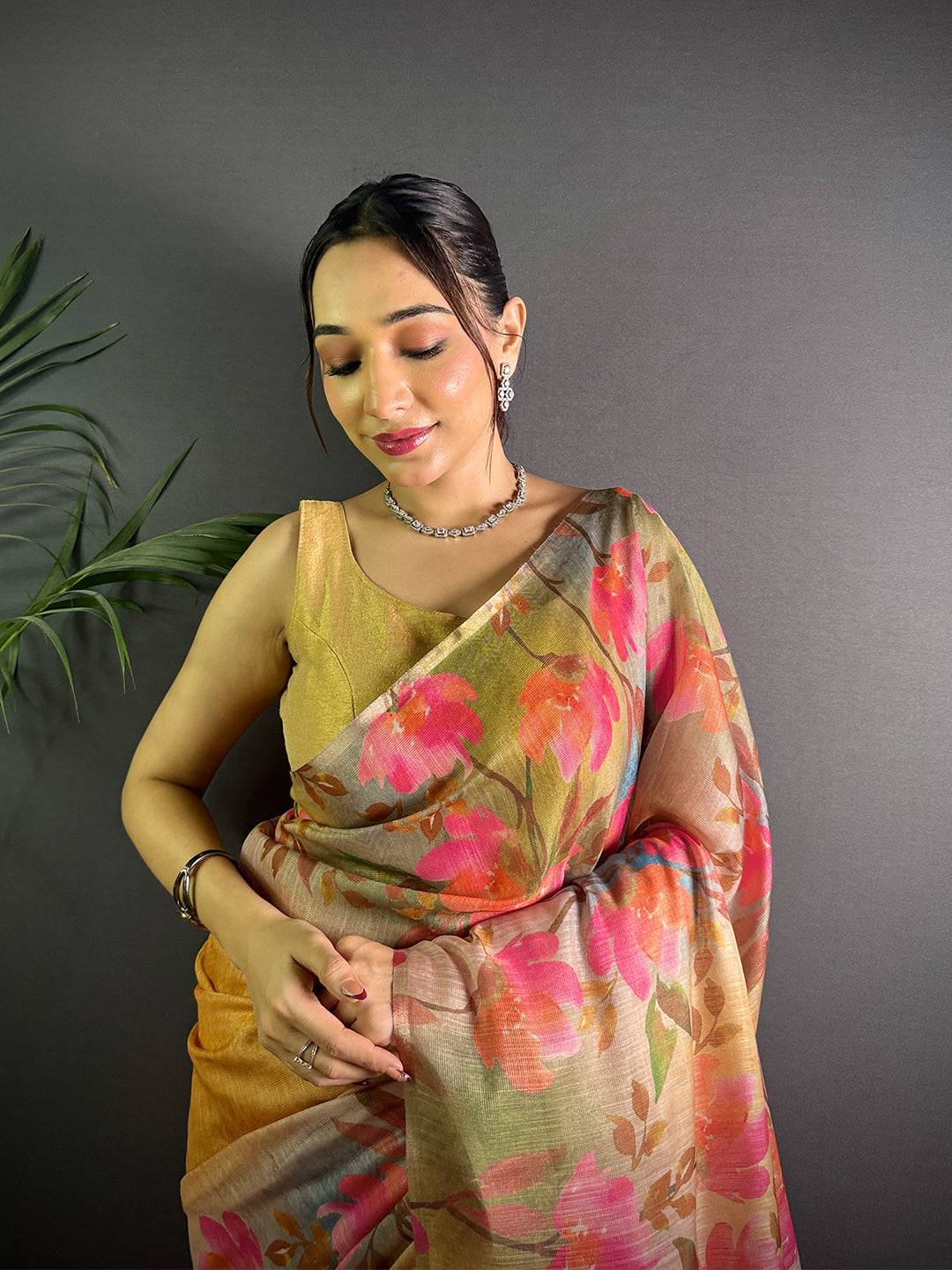 Mustard Yellow  Linen Juth Digital Print Saree