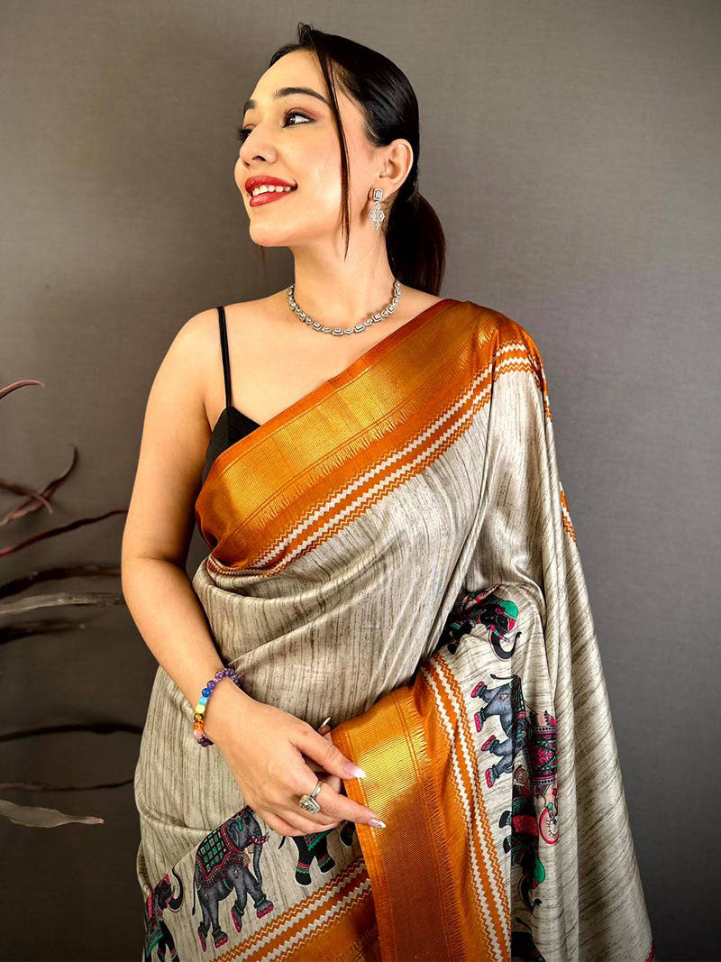 Vibrant Block Print Dola Silk Saree
