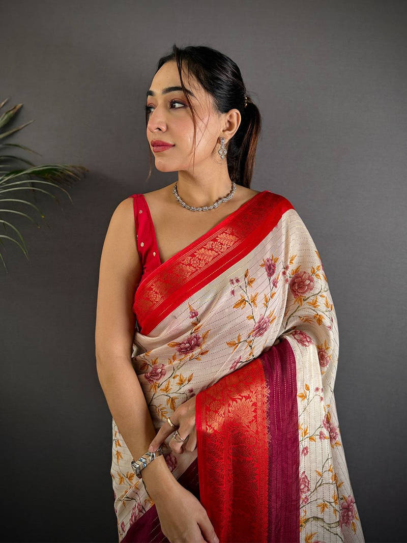 Red Soft Dola Silk Zari Katha Saree

