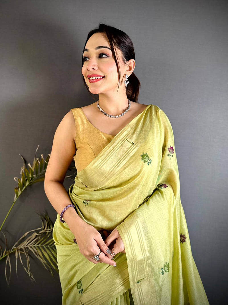 Heritage Minakari Butti Khadi Linen Saree