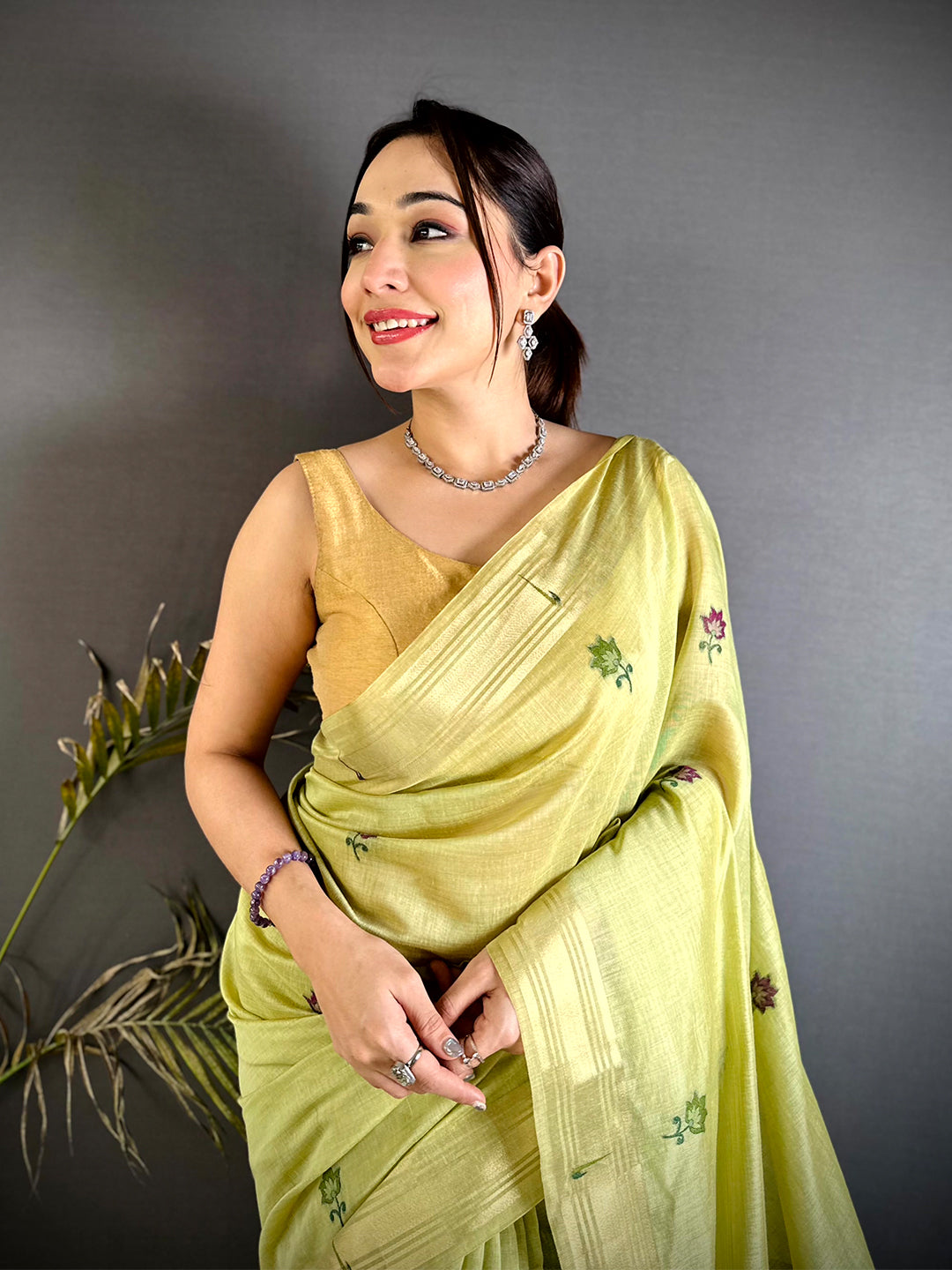 Heritage Minakari Butti Khadi Linen Saree