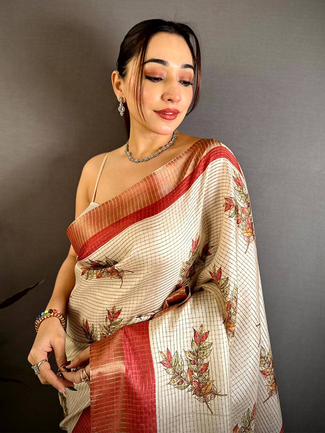 Red Leaf Minakari Tussar Saree