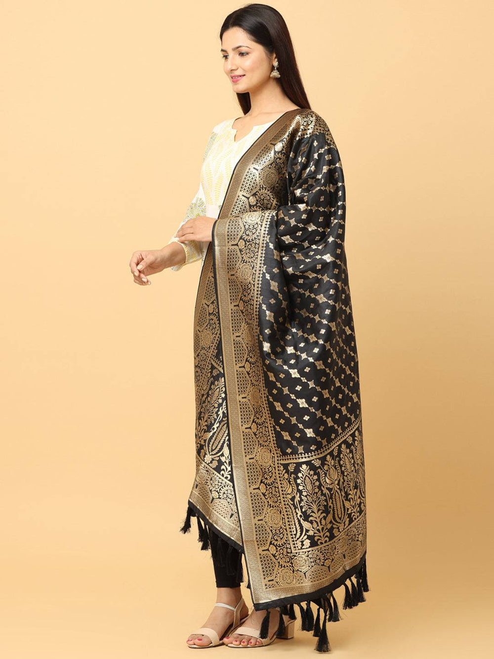 Side view of black woven design silk blend dupatta