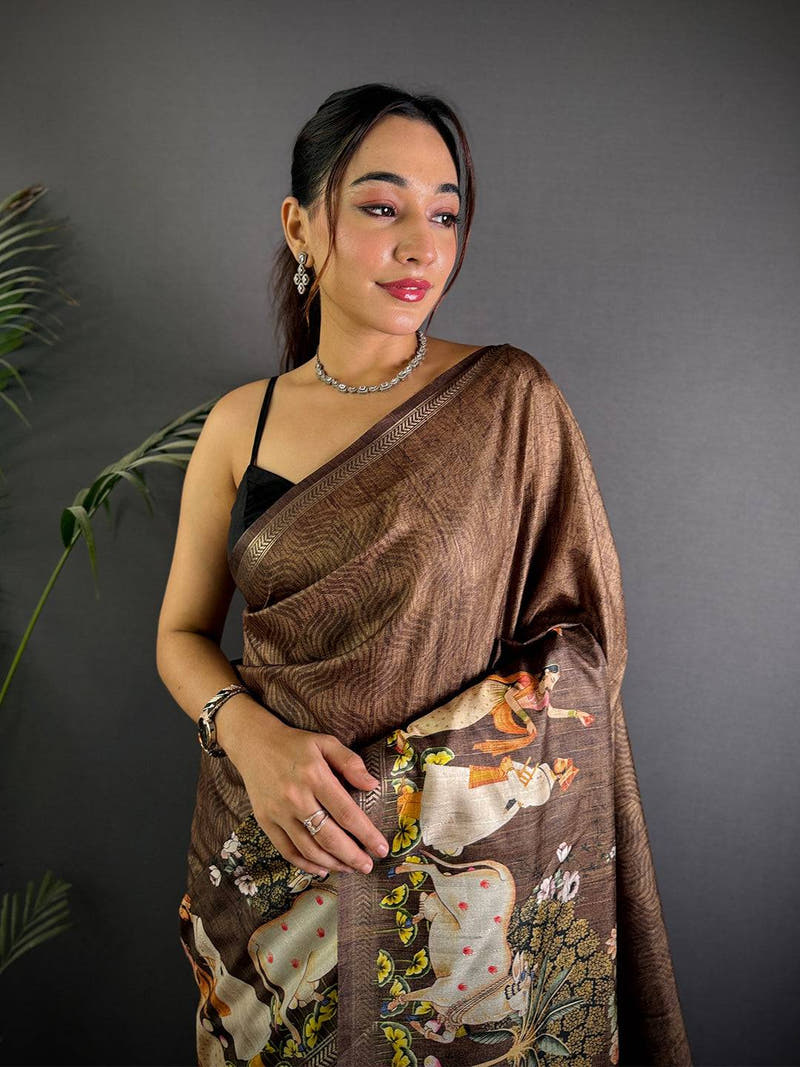 Coffee Brown Pichwai Print Tussar Silk Saree


