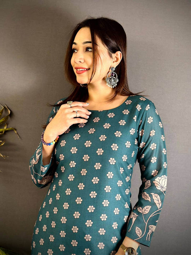 Teal Green Mul Cotton Kalamkari Print Kurti with Deer Border