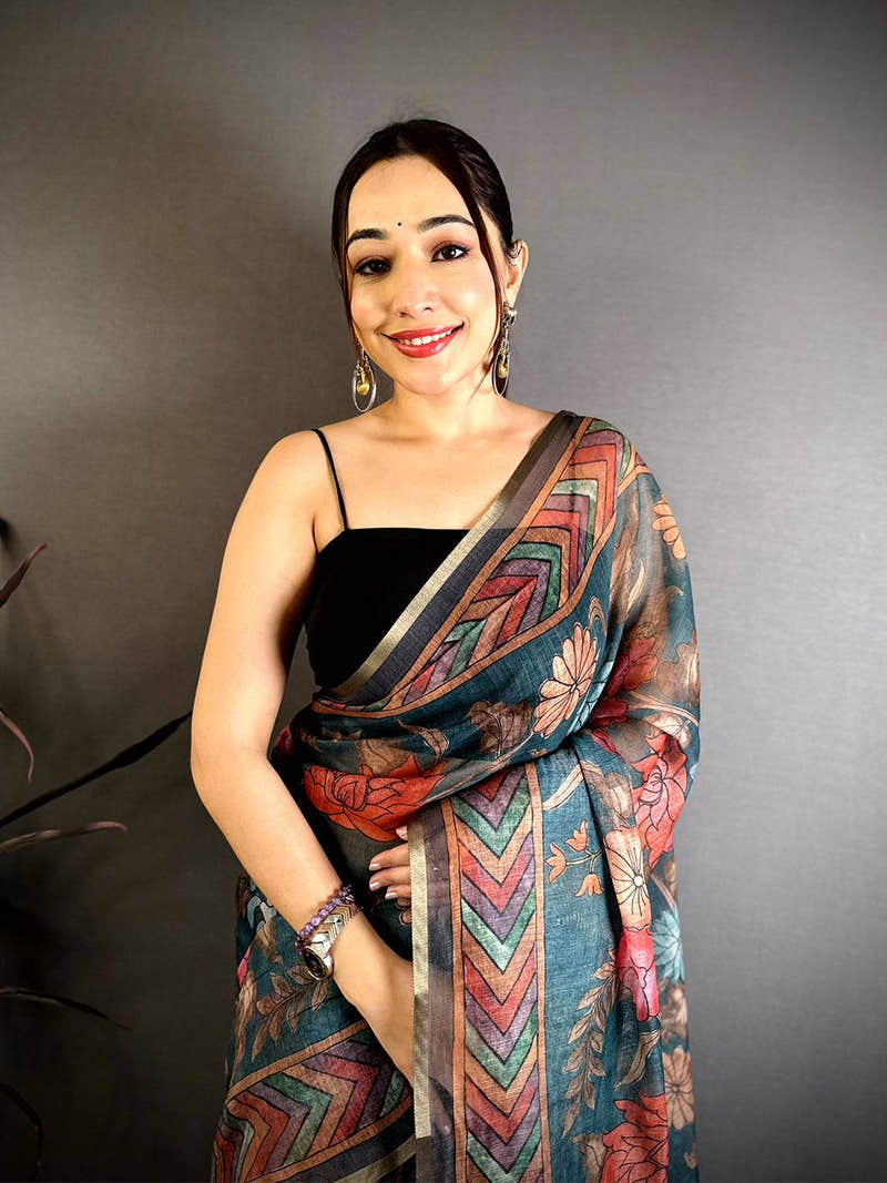 Teal Kalamkari Linen Chanderi Saree