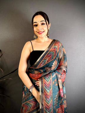 Teal Kalamkari Linen Chanderi Saree