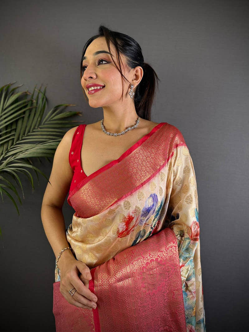 Beige Banarasi Floral Print Saree