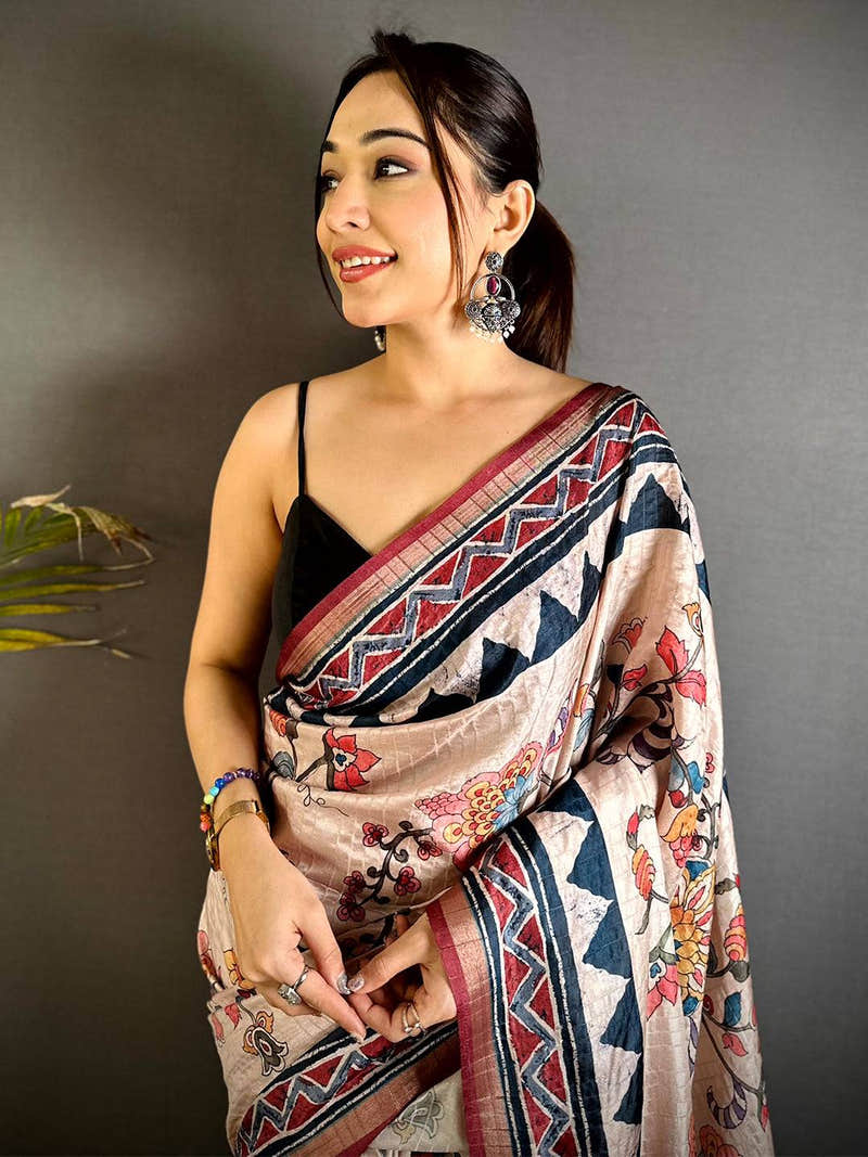 Stylish Ajrakh Kalamkari Tussar Saree