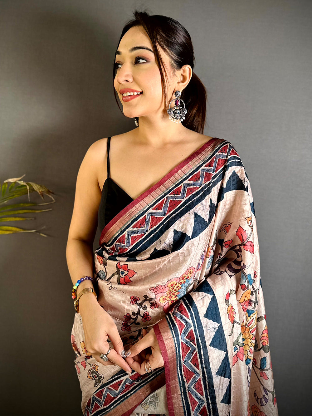 Stylish Ajrakh Kalamkari Tussar Saree


